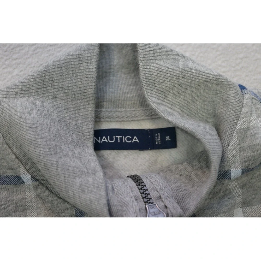 Nautica 1/4 Zip Pullover Mens XL Grey Blue Plaid Fleece Sweatshirt Excellent